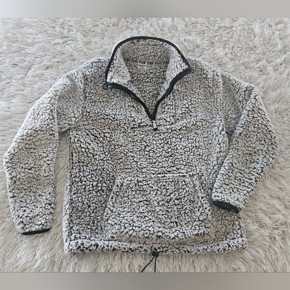 PINK Sherpa Pullover Top Sweatshirt 1/4 Zip Kangaroo Pocket White Black Womens M
